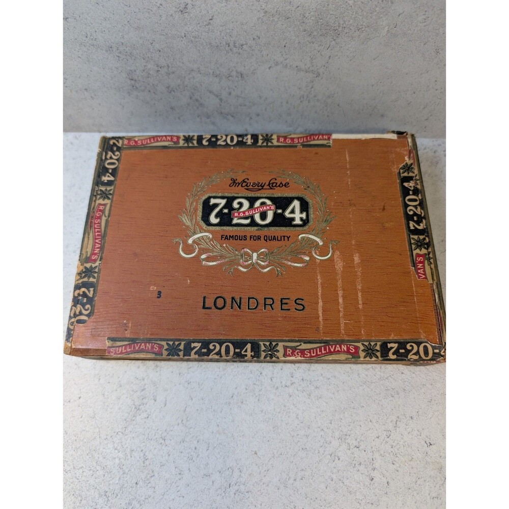 Vtg R.G. Sullivan’s 7-20-4 Londres Wooden Cigar Box Litho Interior Union Made NH
